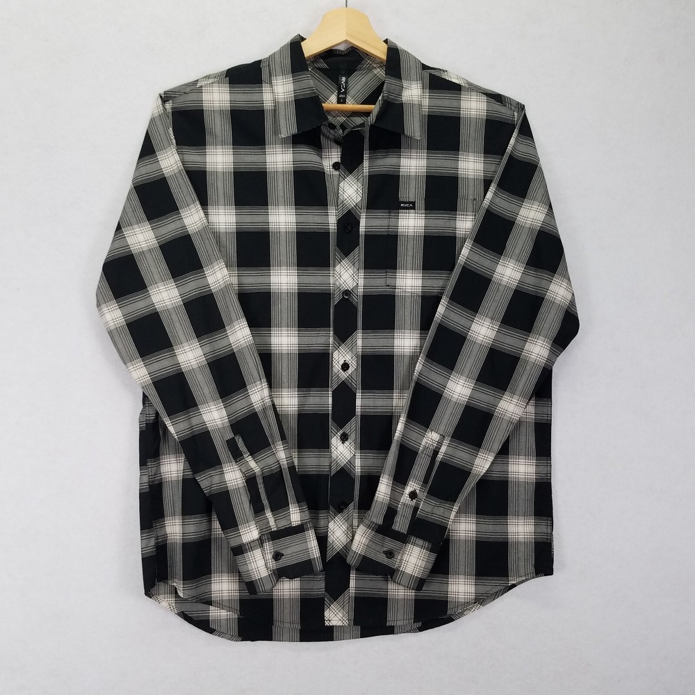 RVCA Plaid Long Sleeve Shirt Men Size L Black White Casual Button Down